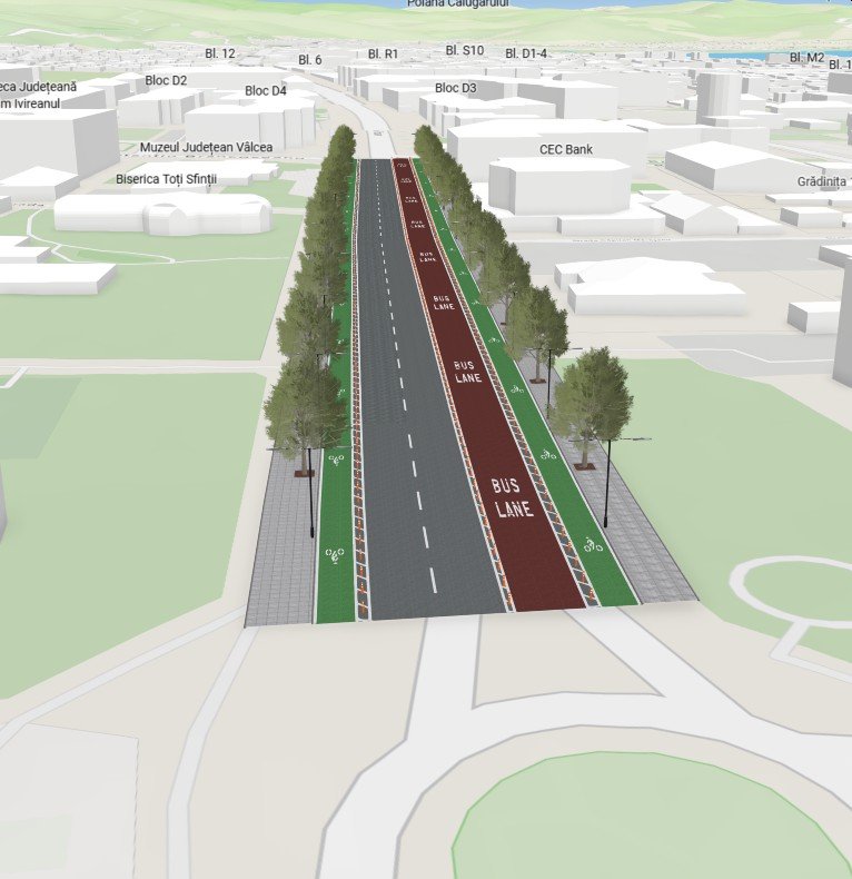 Vedere 3D a reconfigurării propuse pentru Calea lui Traian, Râmnicu Vâlcea